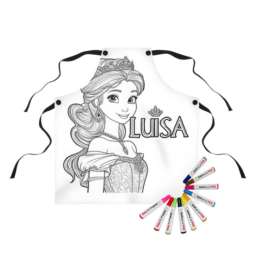 Colorful apron featuring a whimsical princess portrait design