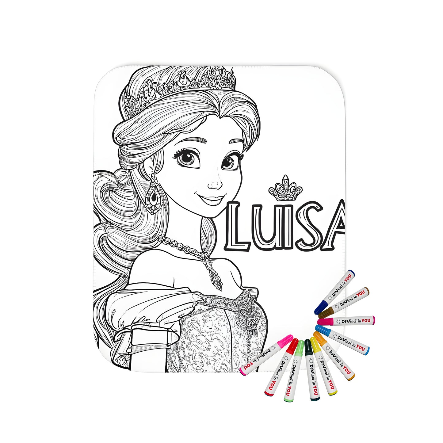 A beautiful princess portrait blanket for kids and adults alike, featuring a detailed coloring page of Princess Luisa wearing a tiara and an ornate dress