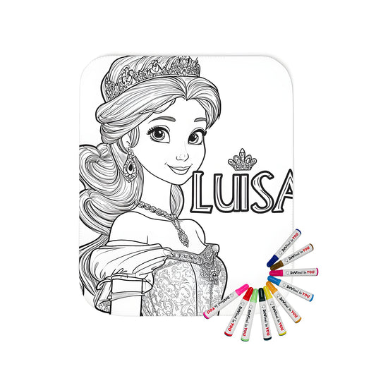 A beautiful princess portrait blanket for kids and adults alike, featuring a detailed coloring page of Princess Luisa wearing a tiara and an ornate dress