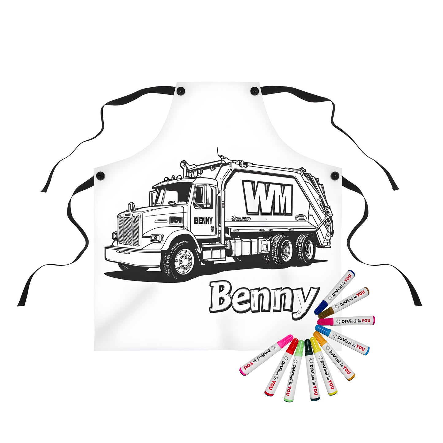 Apron featuring a colorful black and white line art of a garbage truck, also known as trash truck, waste collection vehicle, or junk hauler, labeled 'Benny' for kids to color and learn