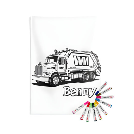 Indoor Wall Tapestry with Garbage Truck Design, Black and White Line Art, Benny's Fun Ride, Home Decor, Wall Hanging