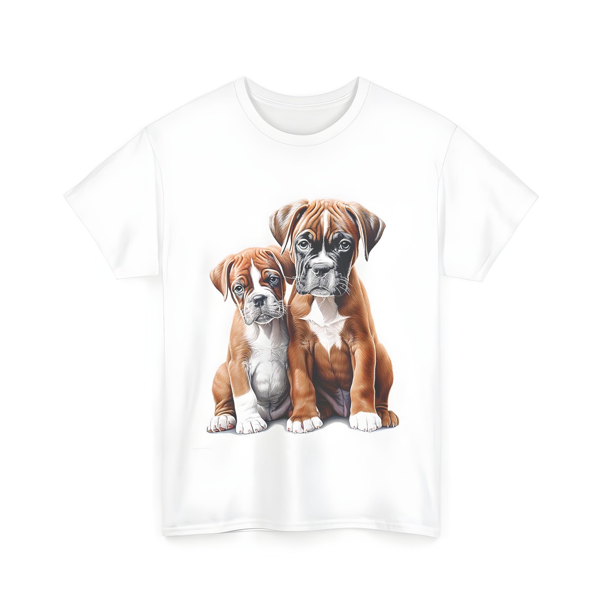 Two adorable canines sitting side by side, one black-faced pup and both brown and white fur, on a unisex t-shirt