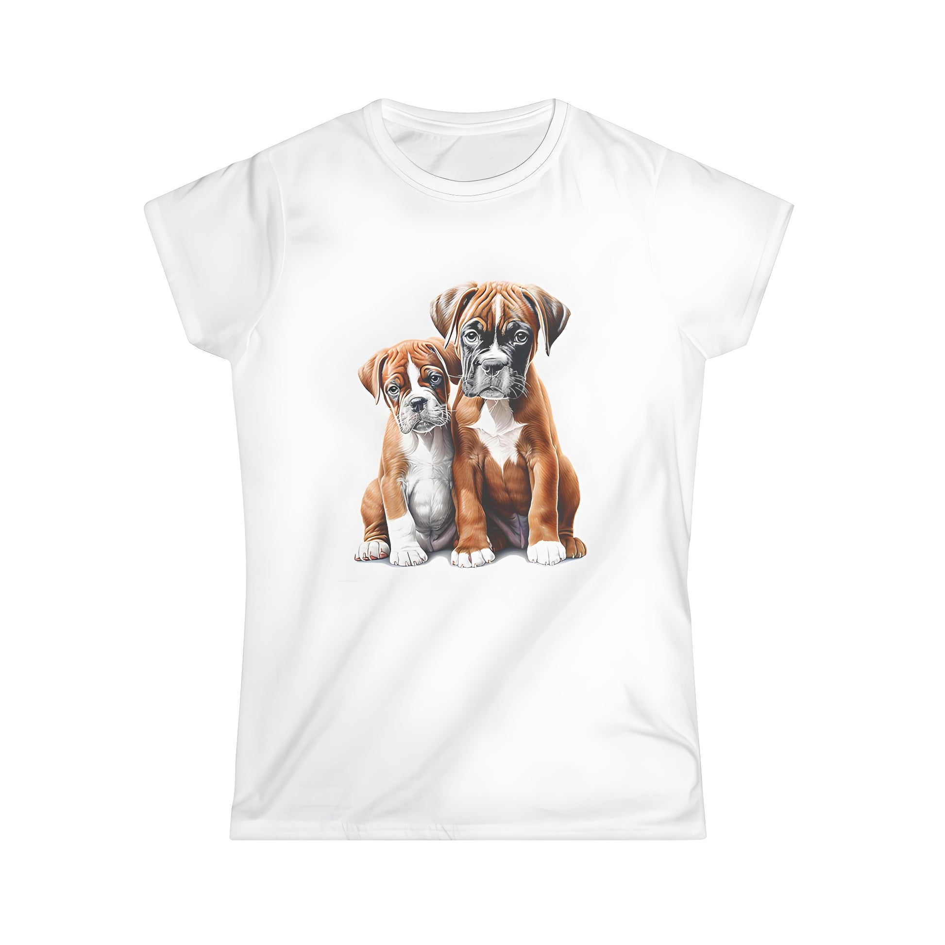 Colorful graphic t-shirt featuring two adorable canines, side by side, one with a black face and both with brown and white fur