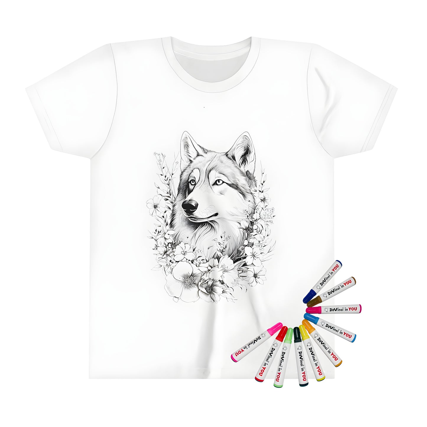 Colorful kids t-shirt with majestic wolf and flower illustration