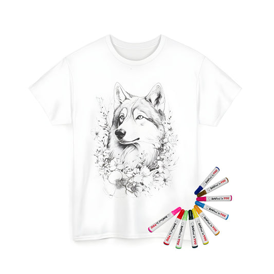 Coloring kit for unisex t-shirts featuring a majestic wolf amidst vibrant flowers. Includes fabric markers.