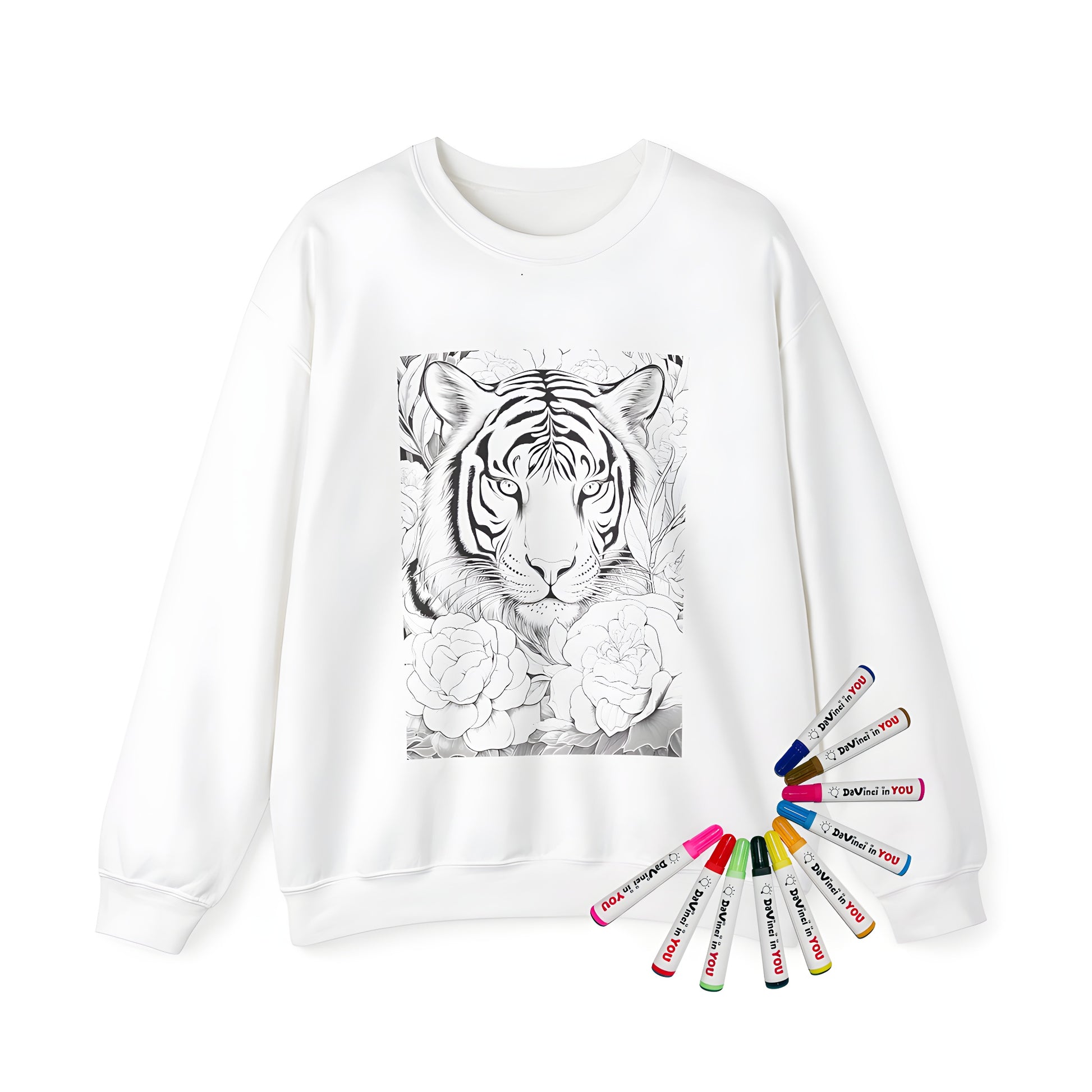 Adult sweatshirt featuring intricate black and white line drawing of tiger's face surrounded by large flowers