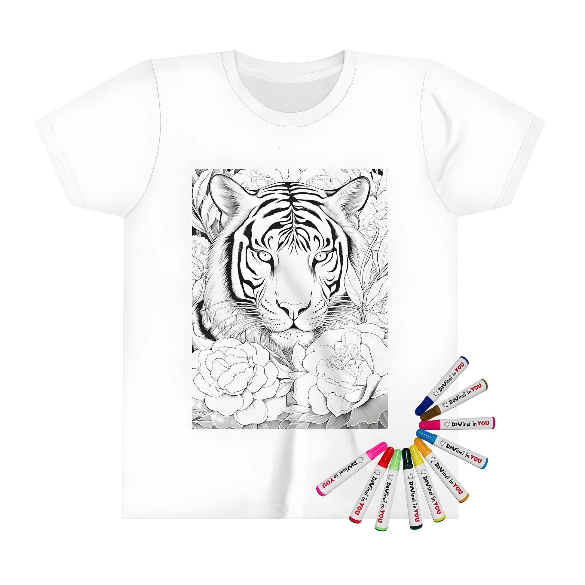 Intricate black and white line drawing of a tiger's face framed by large, detailed flowers on kid's t-shirt