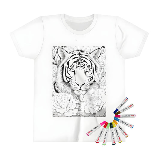 Intricate black and white line drawing of a tiger's face framed by large, detailed flowers on kid's t-shirt