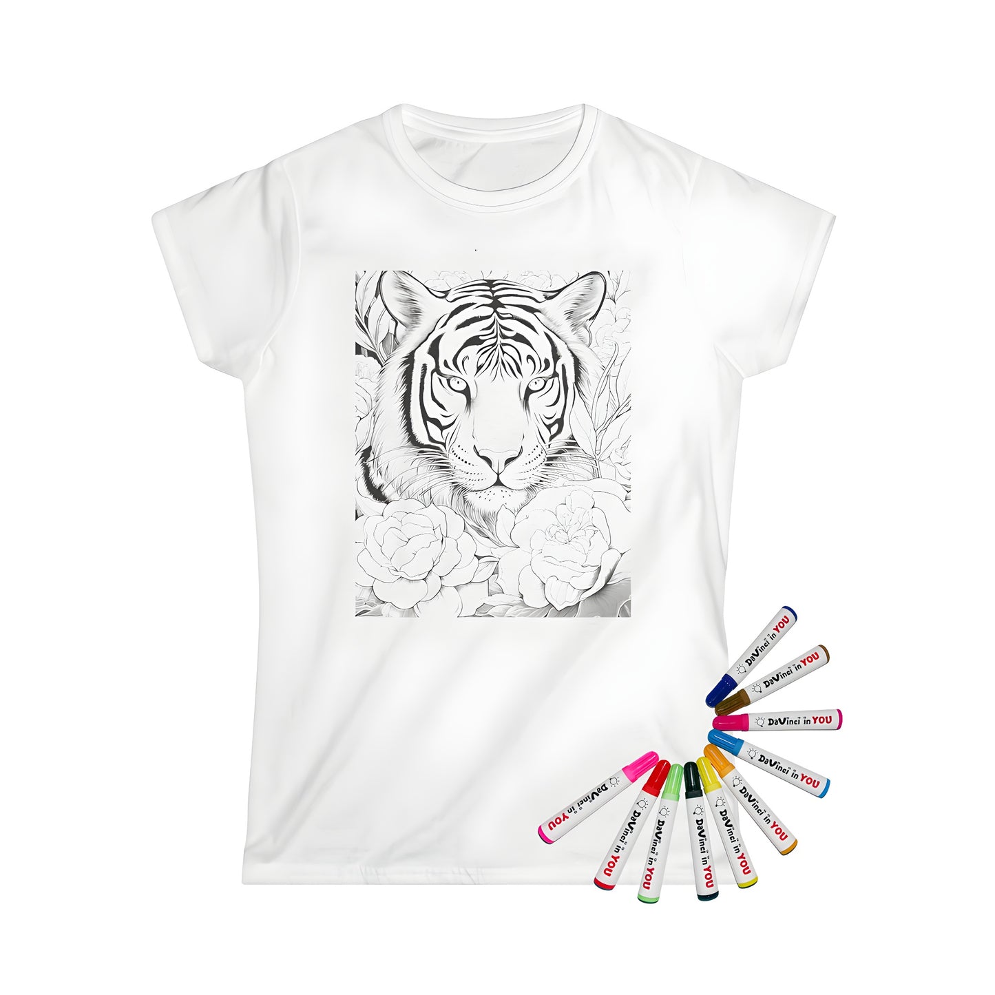 Women's t-shirt featuring an intricate black and white line drawing of a tiger's face surrounded by beautiful flowers