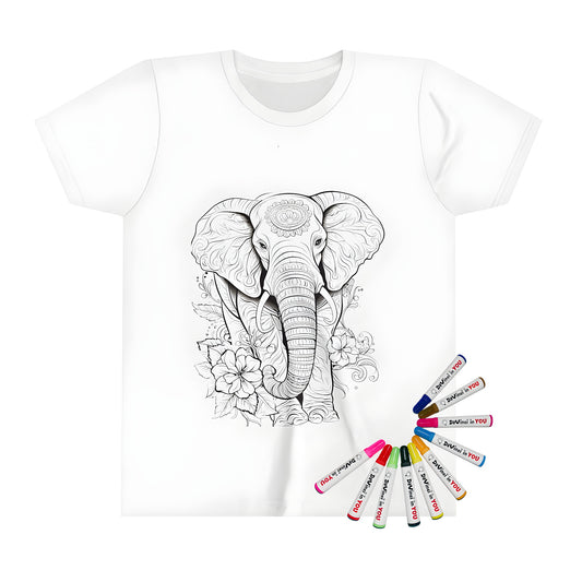 Kid's t-shirt featuring intricate line art of an elephant with floral patterns and decorative designs