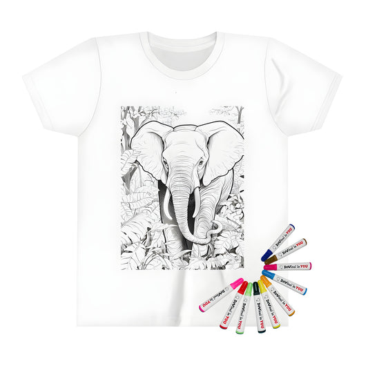 Kid's t-shirt featuring a colorful black and white elephant illustration in a jungle scene with trees and foliage. Perfect for kids who love elephants, jungle adventures, and art.