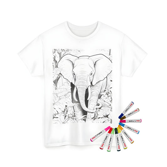 Jungle animal, elephant clothing, unisex tee, black and white illustration, detailed foliage, trees, fun colorful markers