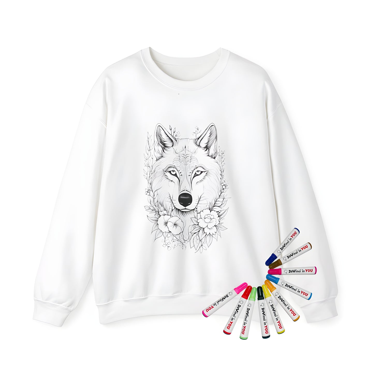 Adult sweatshirt with colorful floral wolf design