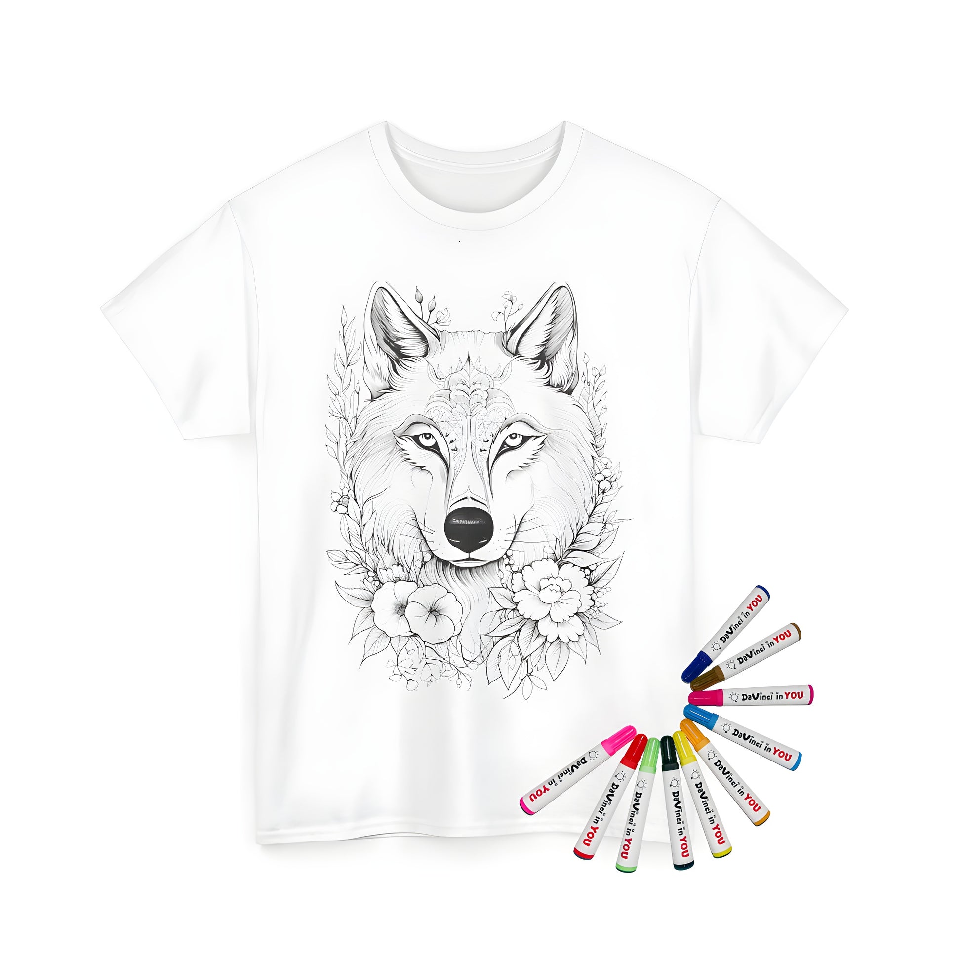 Unisex t-shirt featuring a detailed black and white illustration of a wolf's face adorned with decorative floral elements