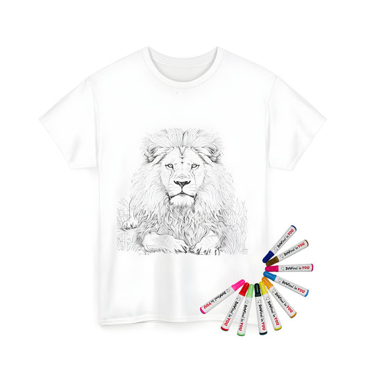 Unisex T-shirt with a detailed black and white lion illustration design for coloring with fabric markers