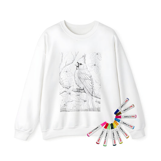 Adult sweatshirt with bird illustration design featuring a songbird perched on a branch, perfect for coloring and art