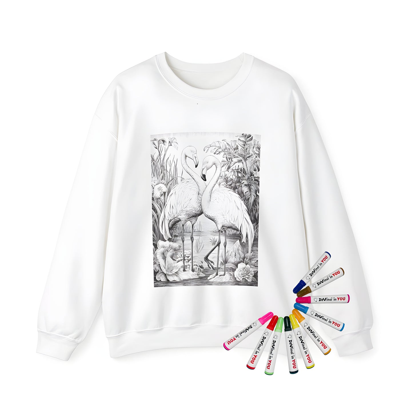 Adult sweatshirt with a vibrant flamingo design, featuring two birds standing in a serene pond surrounded by lush green foliage and colorful flowers. Perfect for fans of parrots, poultry, waterfowl, or tropical birds.