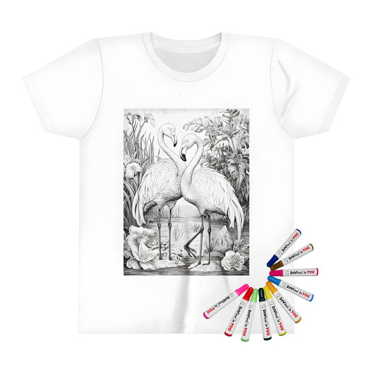 Kids' t-shirt featuring a fun, colorful flamingo, parrot, and bird friends illustration in a detailed black and white design on the front of the shirt. Perfect for little ones who love animals.