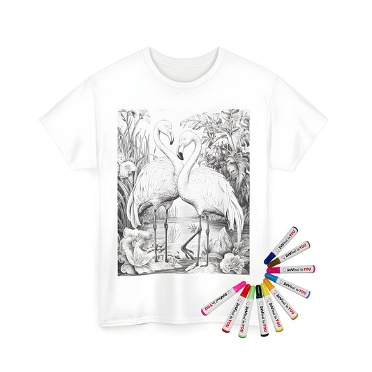 Coloring kit for unisex t-shirts featuring flamingo illustrations, fowl designs, bird artwork