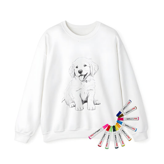 Adult sweatshirt featuring a fun coloring page design of a happy Golden Retriever pup, dog breed illustration, canine companion, puppy print