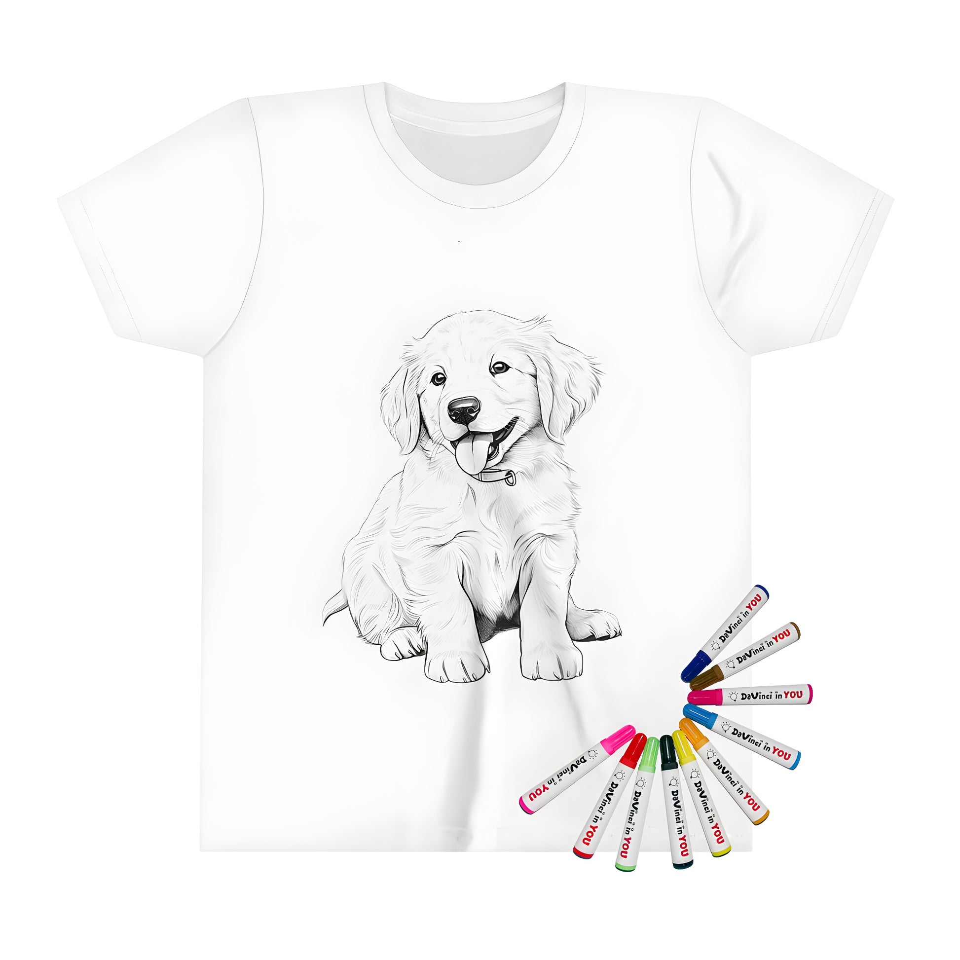 Cute dog t-shirt for kids, illustration of happy golden retriever puppy