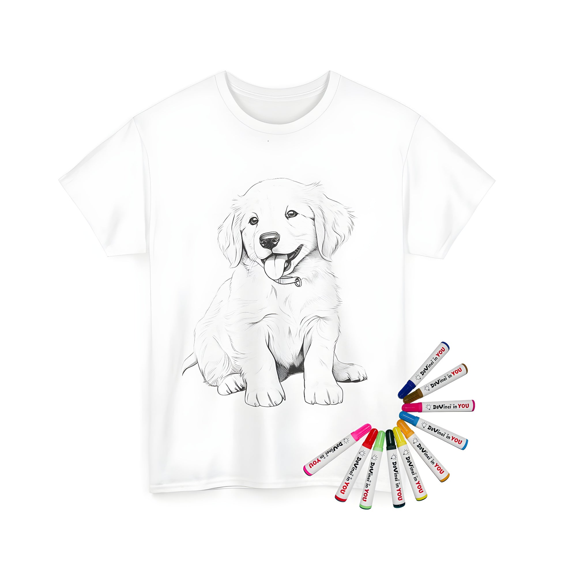 Coloring kit for Unisex T-shirt featuring Black and white illustration of happy Golden Retriever dog breed, cute pup, or canine companion design with tongue out and collar