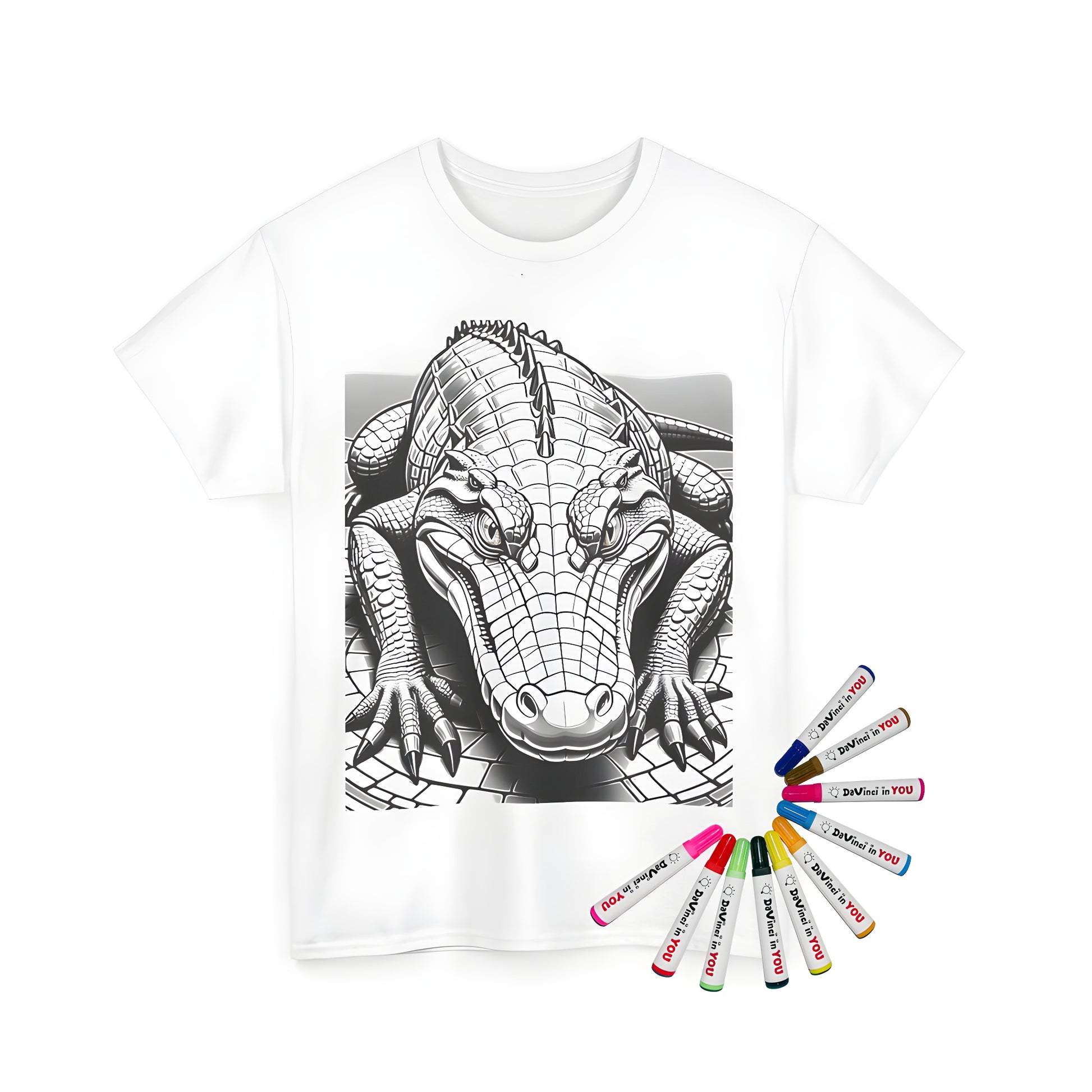 Colorful unisex t-shirt featuring a detailed illustration of a crocodile, alligator, or reptile, perfect for kids and adults alike. Made with high-quality fabric markers.