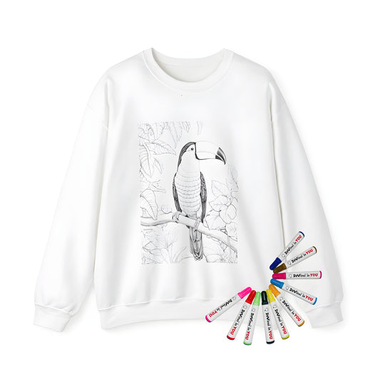 Adult sweatshirt featuring vibrant bird artwork, perfect for colouring enthusiasts