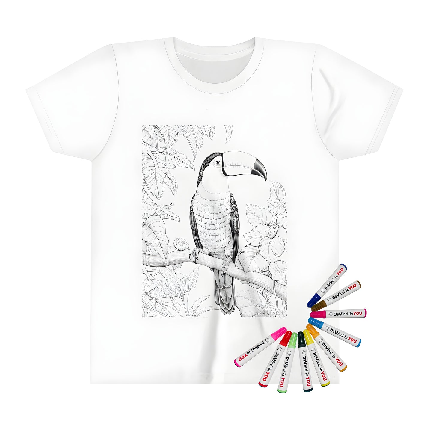 Coloring kit with toucan drawing on kid's t-shirt, perfect for arts and crafts activities