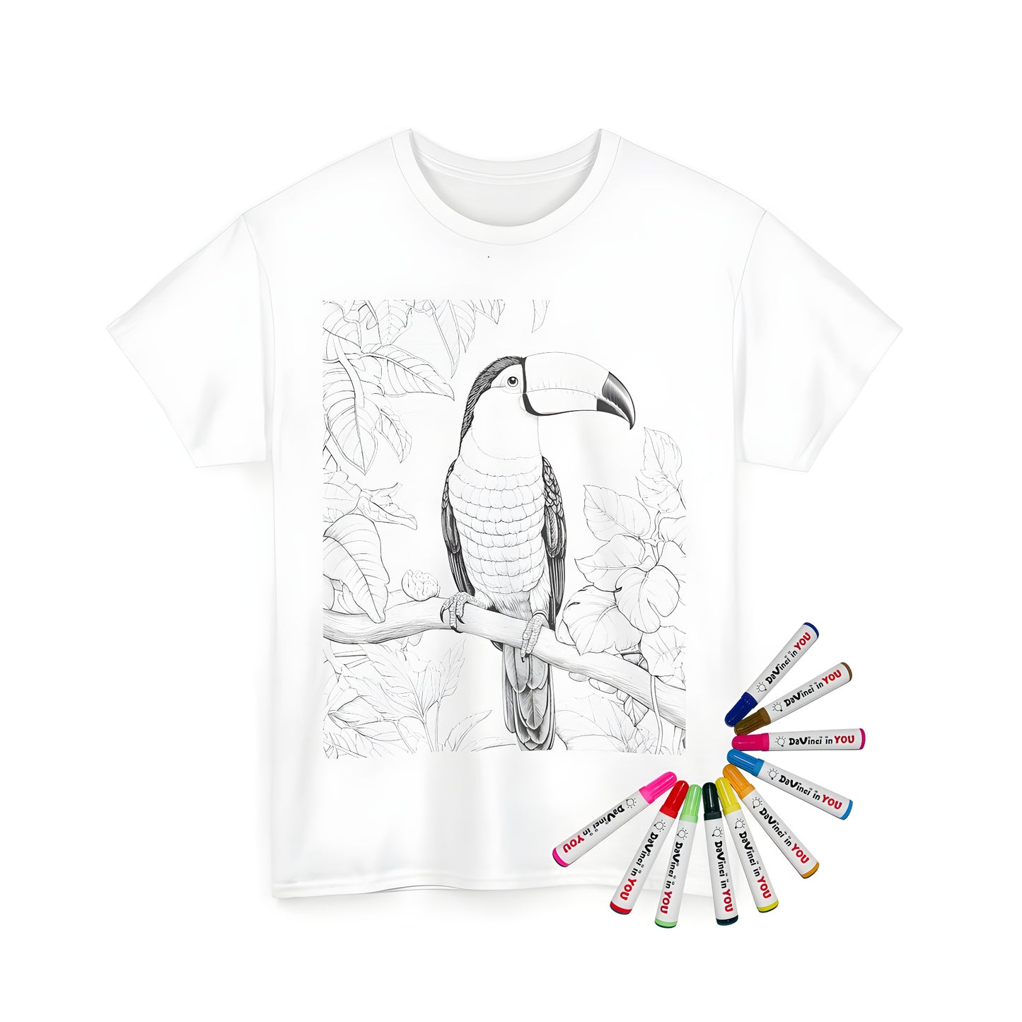 Toucan-themed Unisex T-shirt with colorful design and tropical leaves