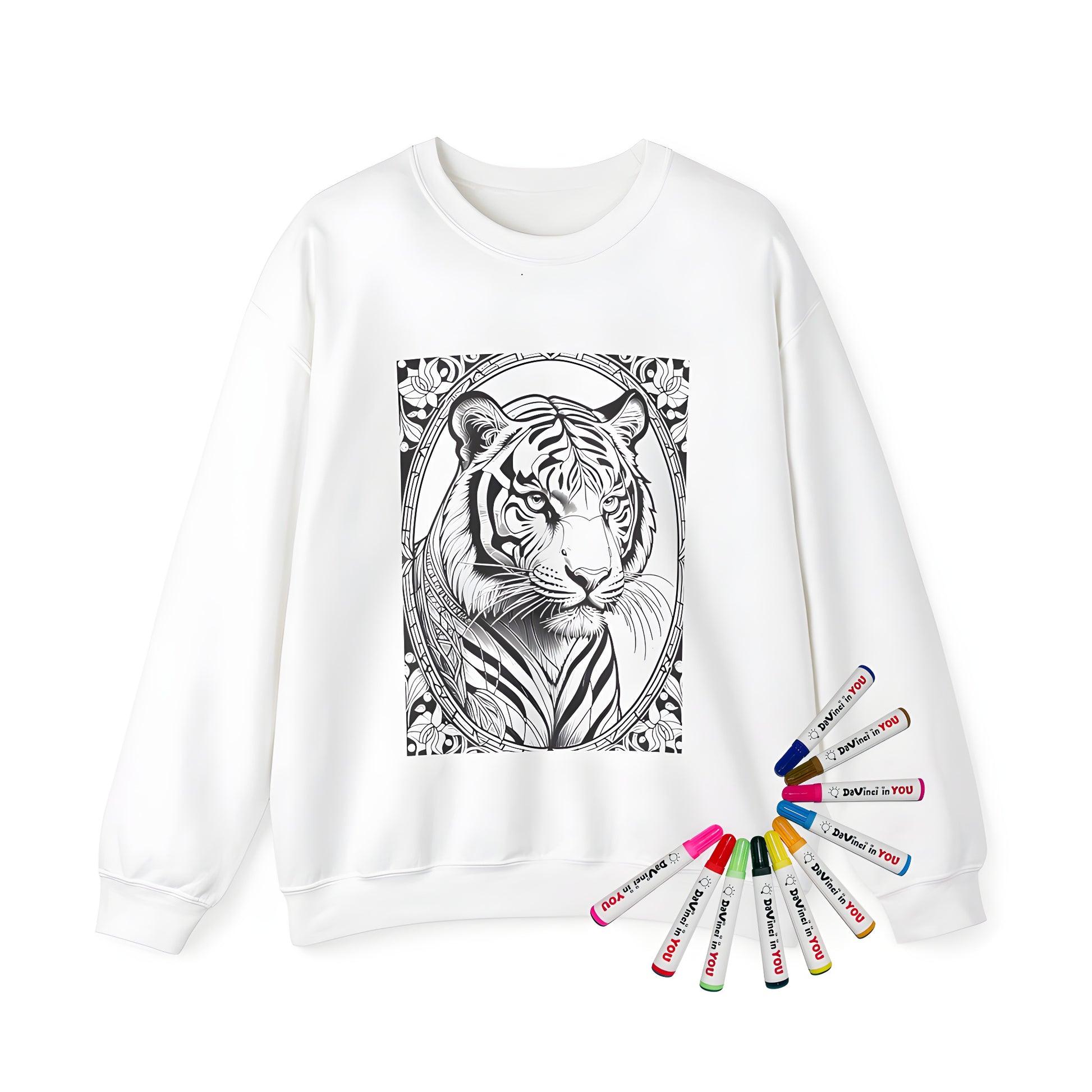 Adult sweatshirt with vibrant tiger design, featuring a detailed black and white illustration of tigers enclosed in an intricate floral border