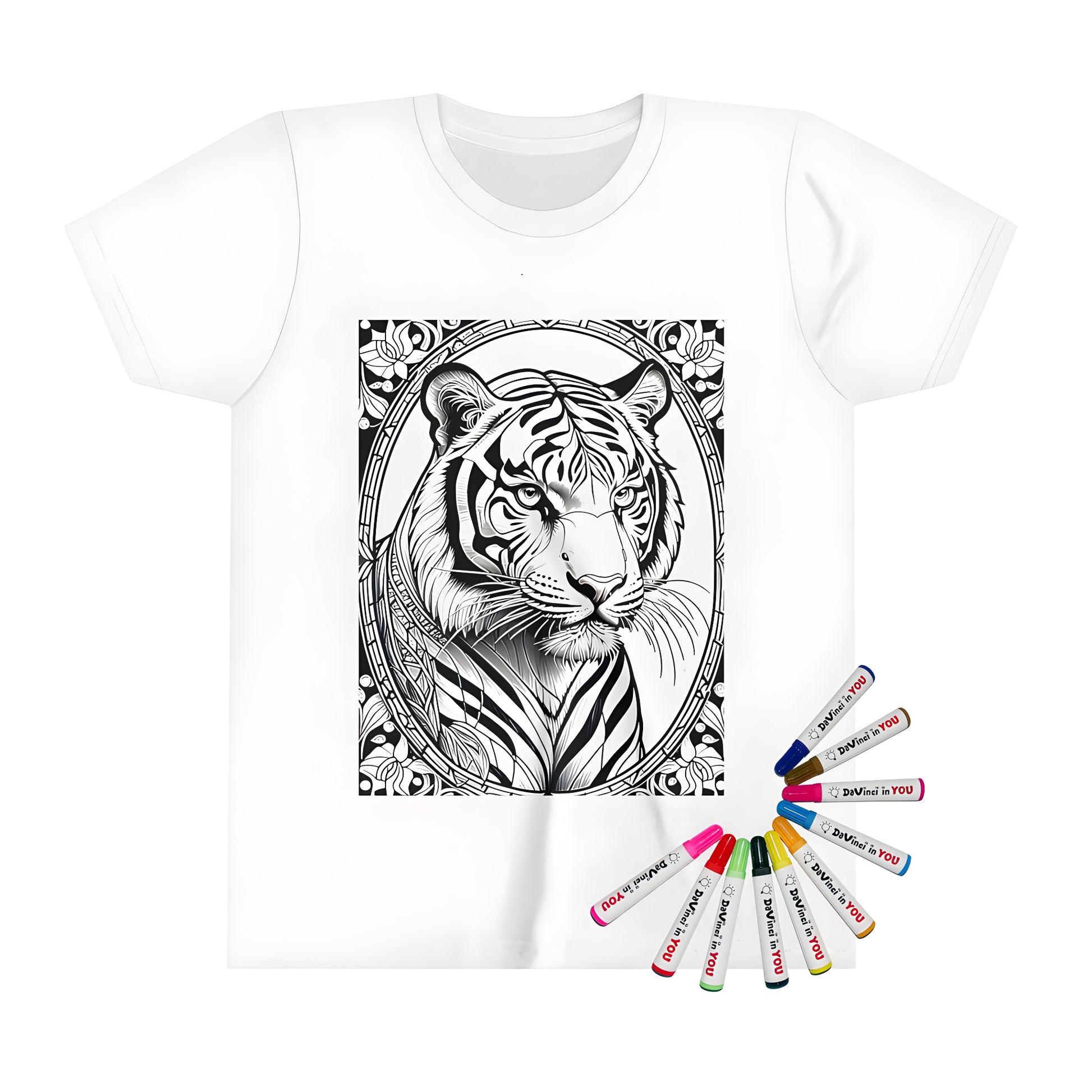 Kids t-shirt with colorful tiger design, 10 vibrant fabric markers for creative coloring