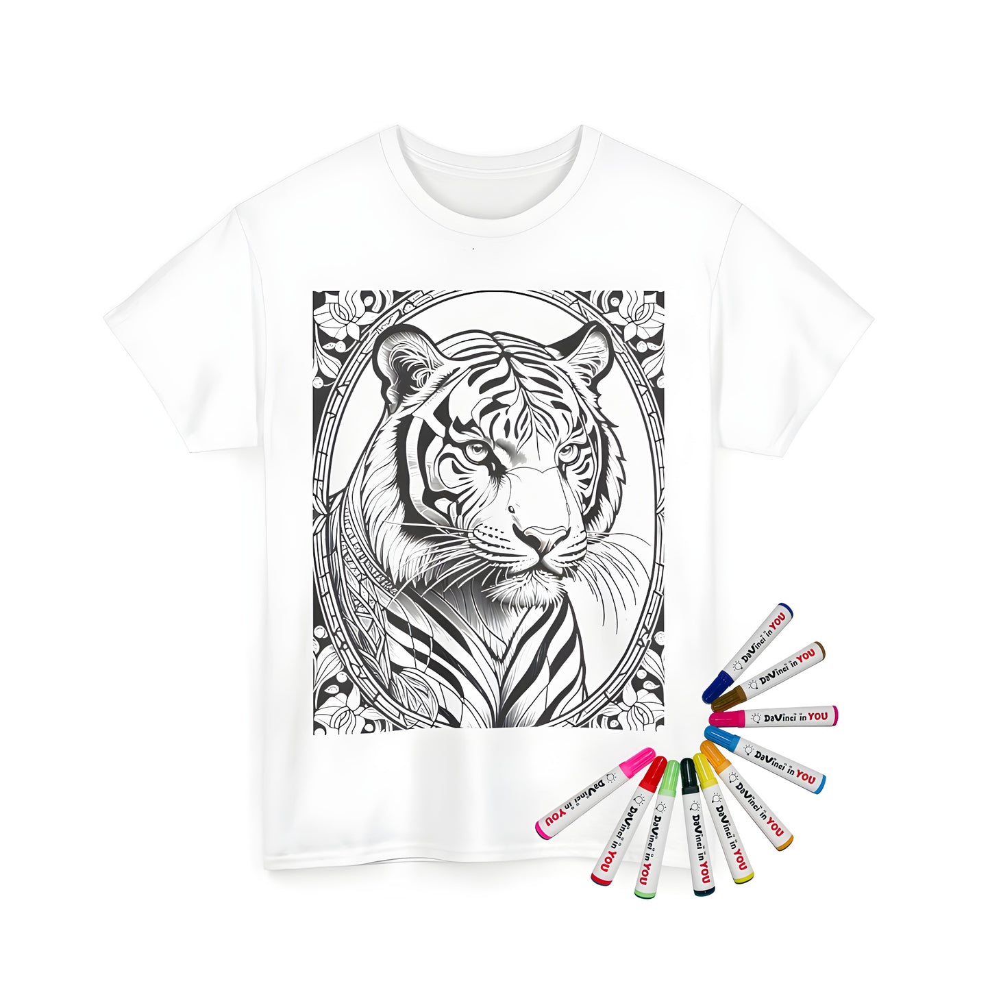 A vibrant unisex t-shirt featuring a detailed black and white tiger drawing surrounded by an intricate floral border