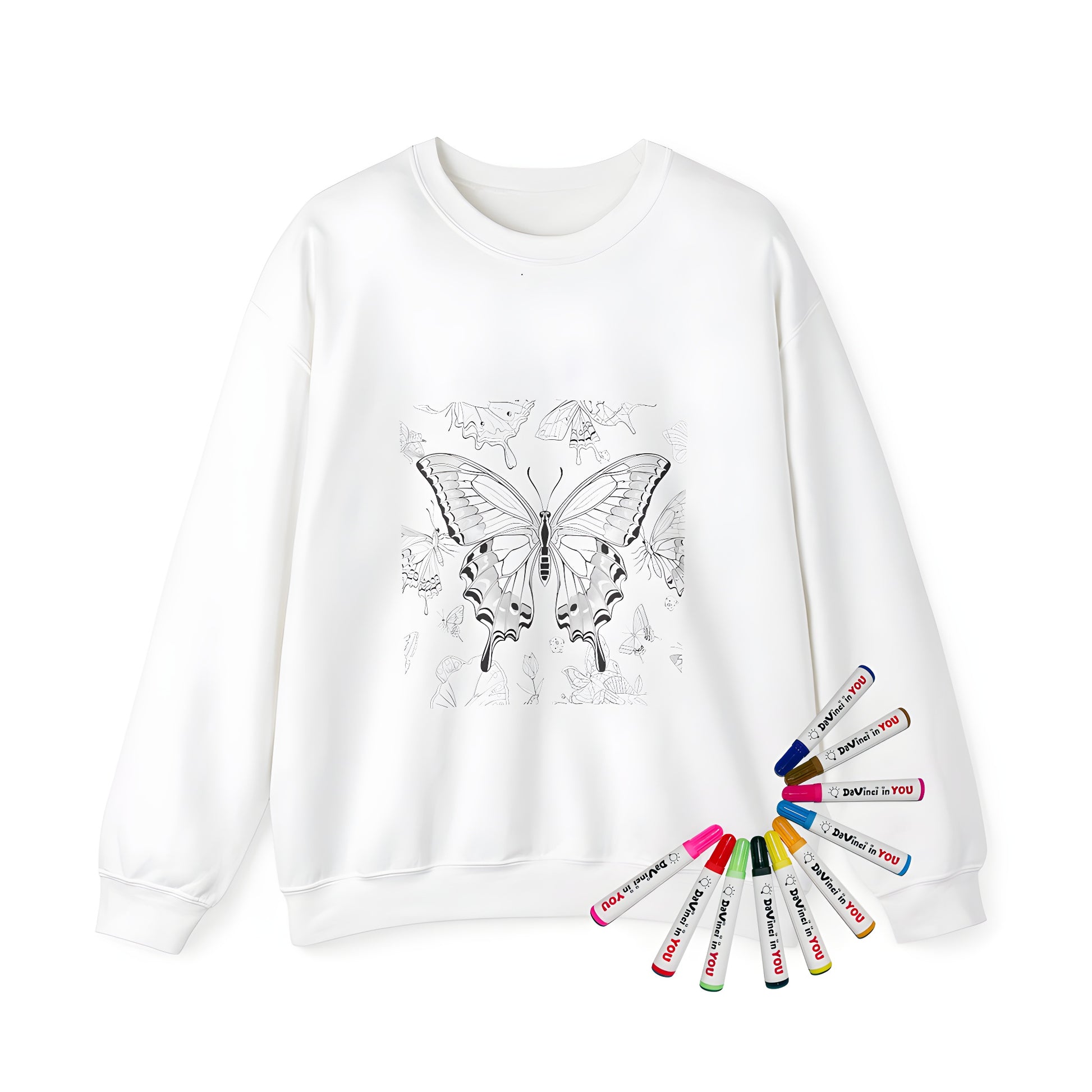 Adult sweatshirt featuring colorful butterflies designs, detailed illustrations of insects, and flower motifs on a comfortable casual wear