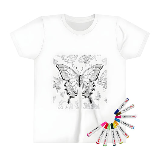 Kid's coloring t-shirt featuring colorful illustrations of moths, butterfly designs, and vibrant flowers