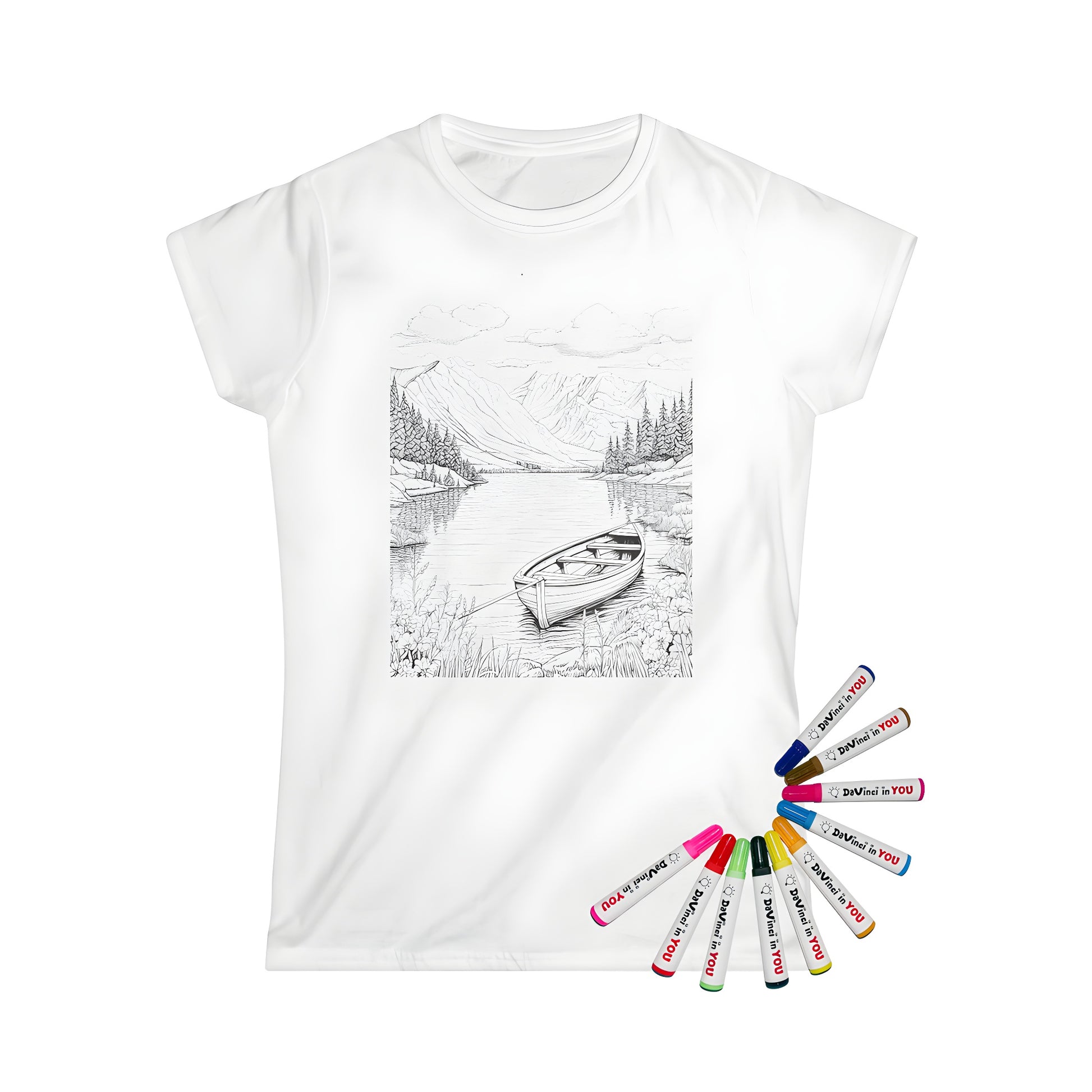 Serene lake landscape adult coloring page printed on women's t-shirt