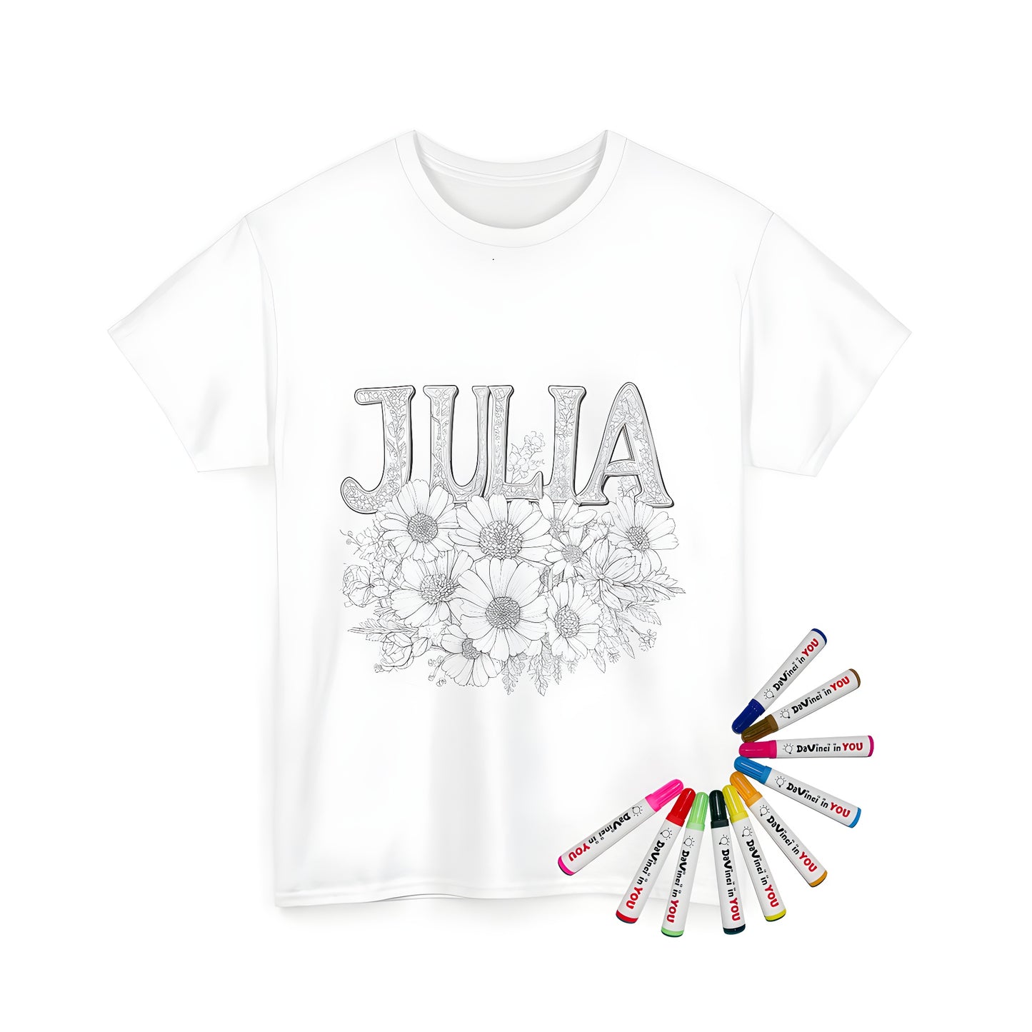 Customizable unisex t-shirt with intricately designed name Julia illustration featuring flowers and botanical elements