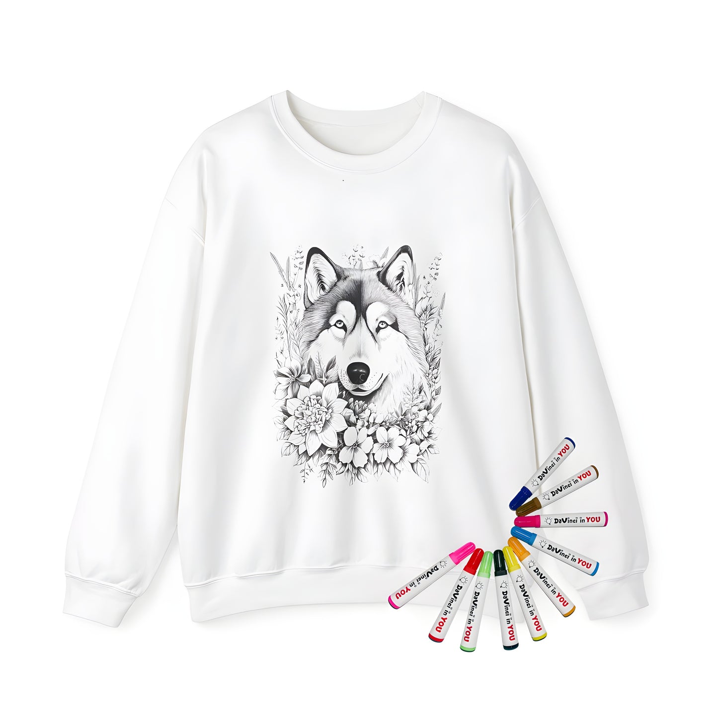 Adult sweatshirt with wolf face and floral pattern, detailed black and white illustration of canine features surrounded by botanical elements