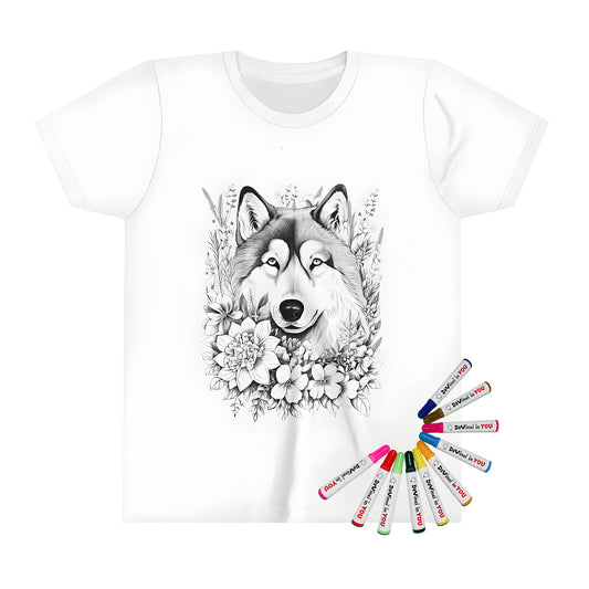 Kid's T-shirt coloring page art featuring a wolf face among flowers, detailed illustration for creativity