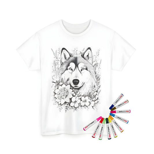 Unisex t-shirt featuring a detailed wolf face surrounded by colorful flowers and botanical designs