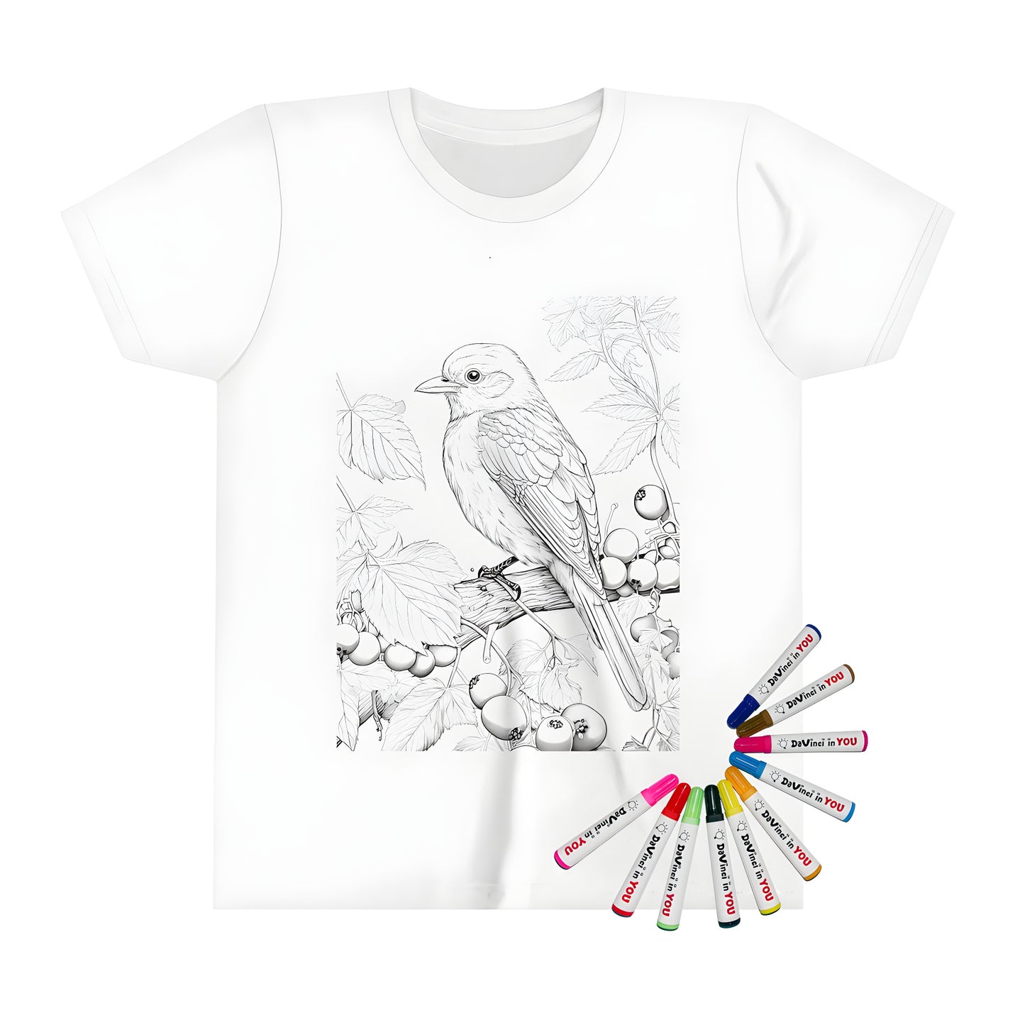 Colorful kid's t-shirt featuring a detailed illustration of a bird sitting on a branch surrounded by leaves and fruits in a natural setting.