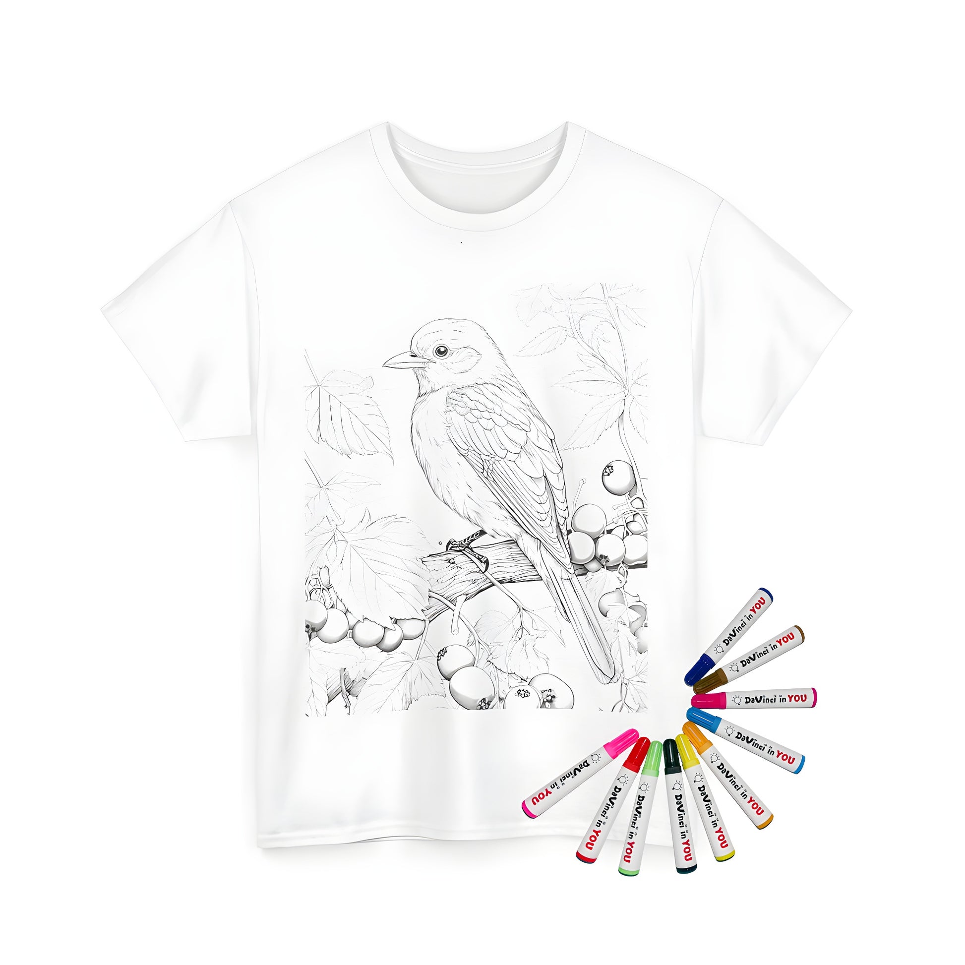 Unisex T-shirt featuring an illustration of a bird perched on a branch, surrounded by leaves and fruits in a natural setting. Includes 10 fabric markers for coloring.