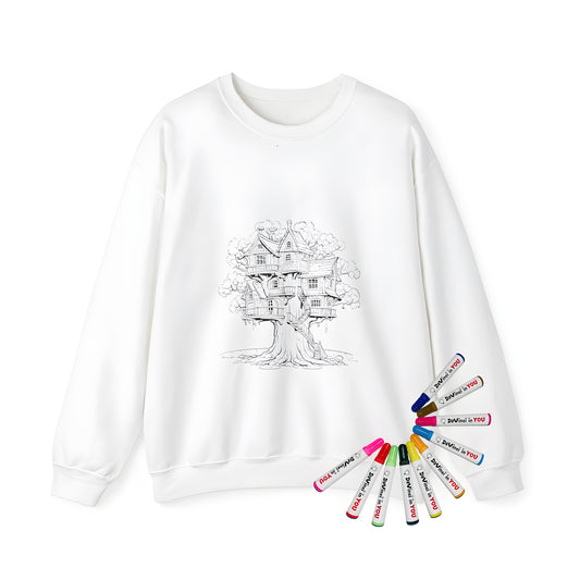 Adult sweatshirt featuring an intricate fantasy treehouse design with multiple levels and balconies