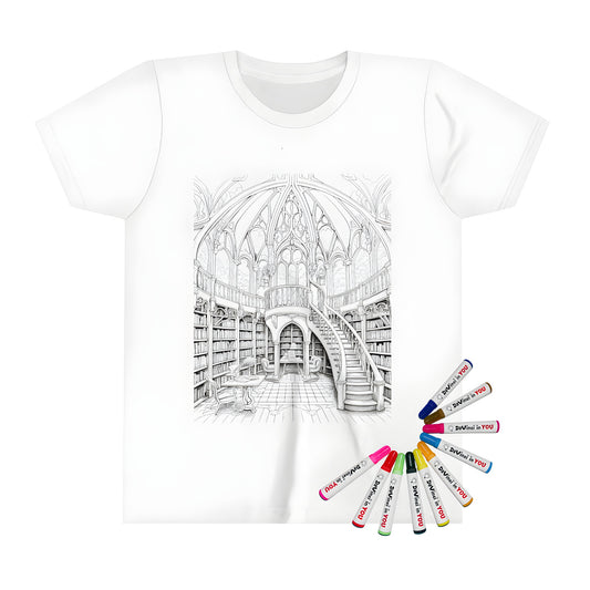 Kid's t-shirt featuring a colorful grand library illustration with high bookshelves, central staircase, and domed ceiling. Perfect for kids who love reading and learning.