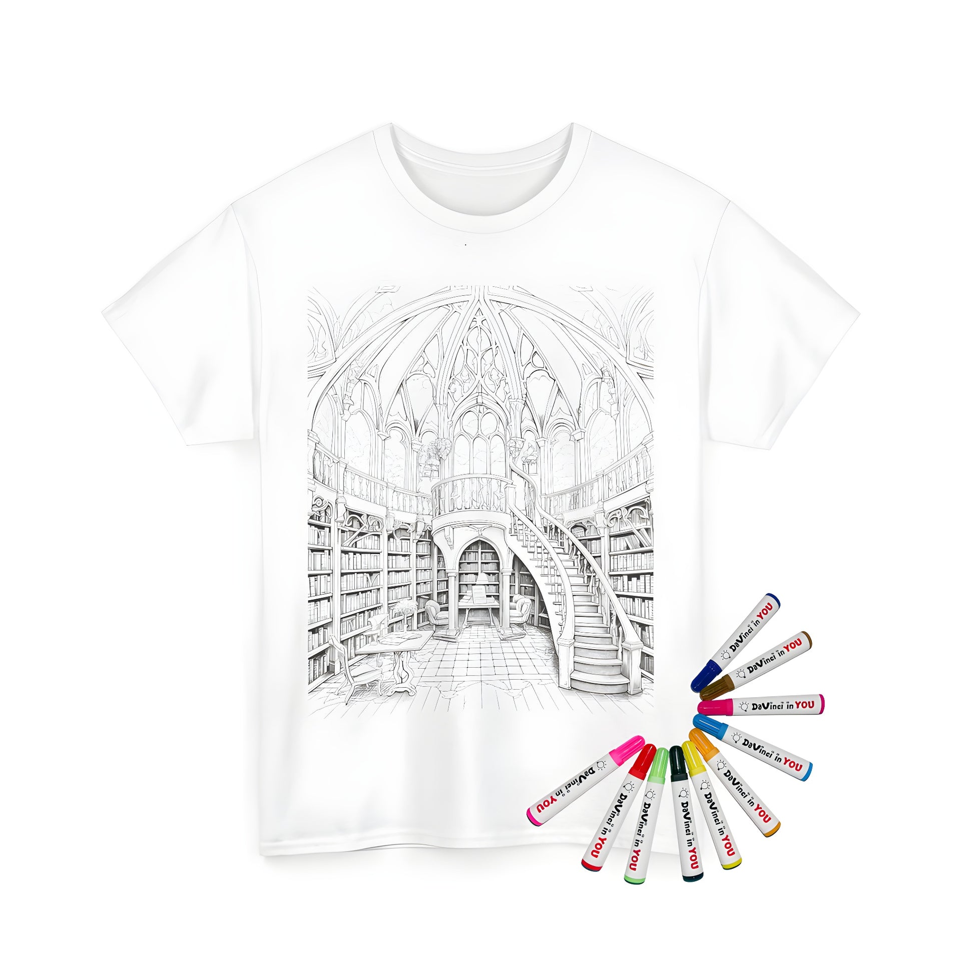 Unisex t-shirt featuring a grand library interior design with high bookshelves, staircase, and domed ceiling with gothic details