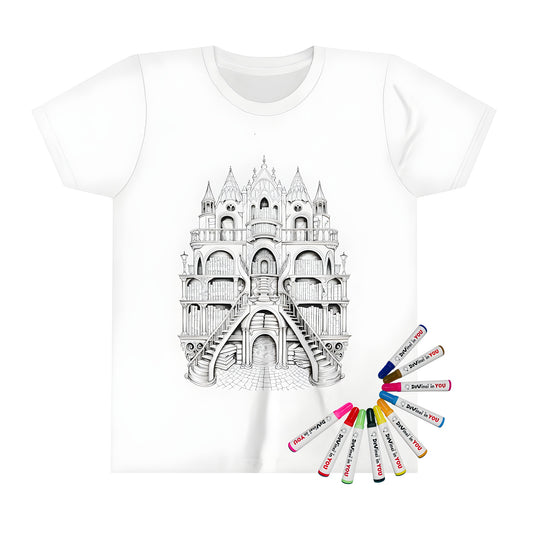 Kids' t-shirt featuring an intricate fantasy library castle illustration with multiple towers and bookshelves