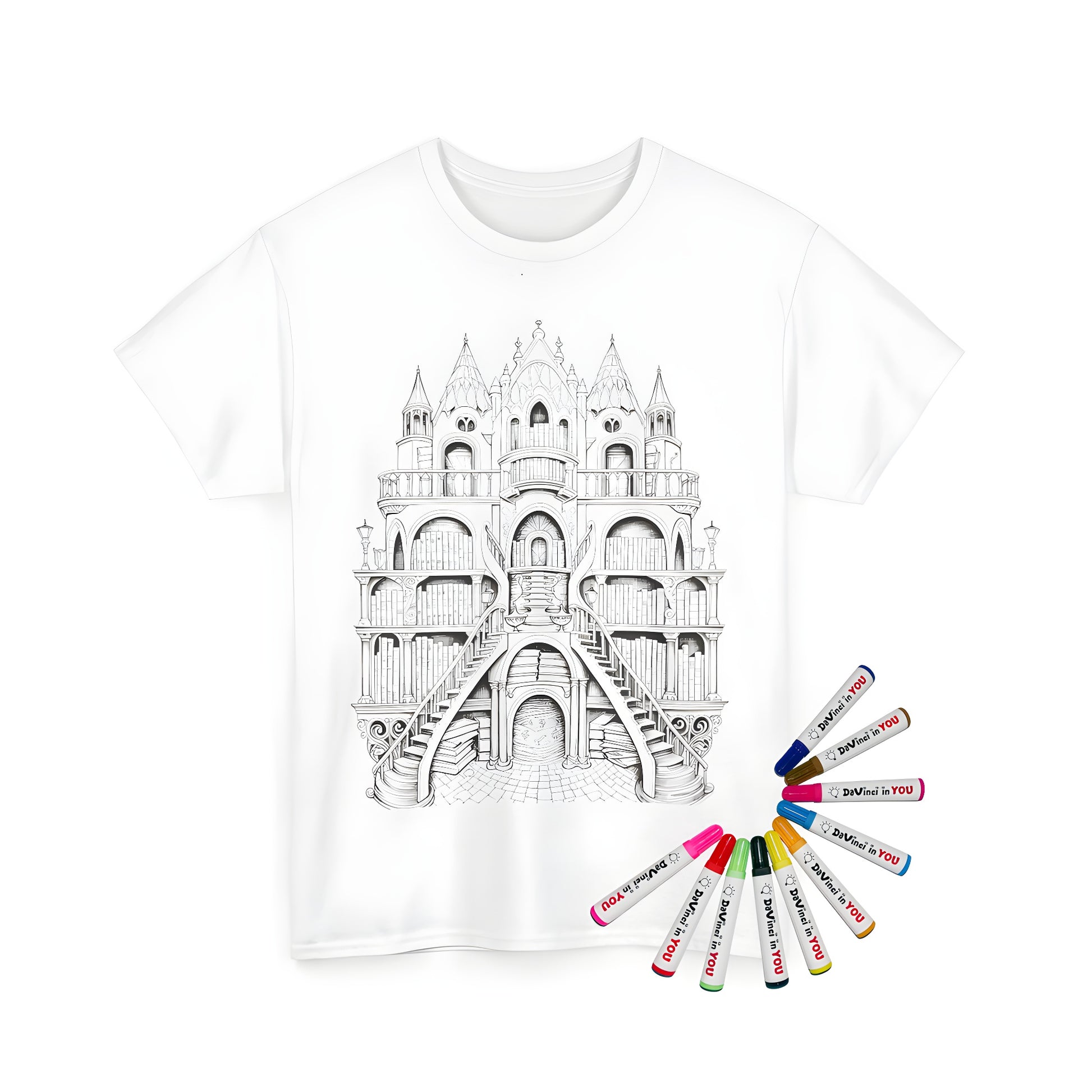 Unisex t-shirt featuring an intricate black-and-white fantasy library castle illustration