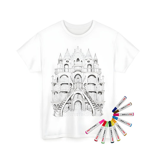 Unisex t-shirt featuring an intricate black-and-white fantasy library castle illustration