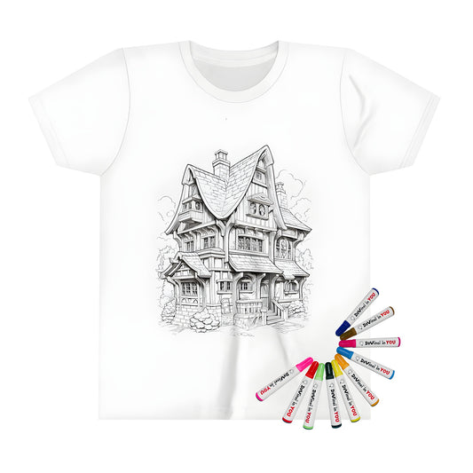 Kid's t-shirt with colorful cottage design featuring a multi-story wooden house with sloped roof and chimney