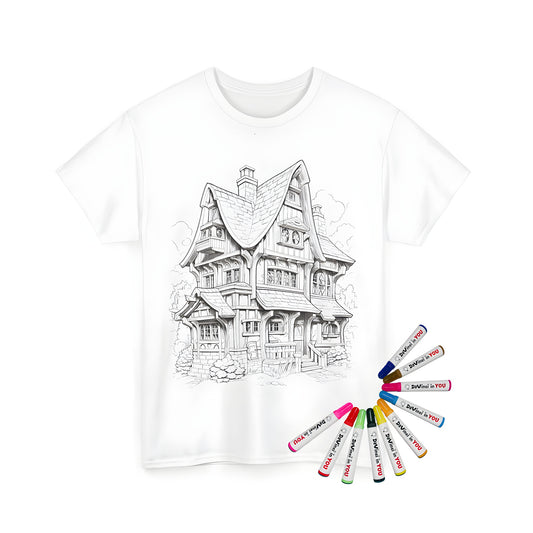 Unisex t-shirt with colorful cottage village scene print